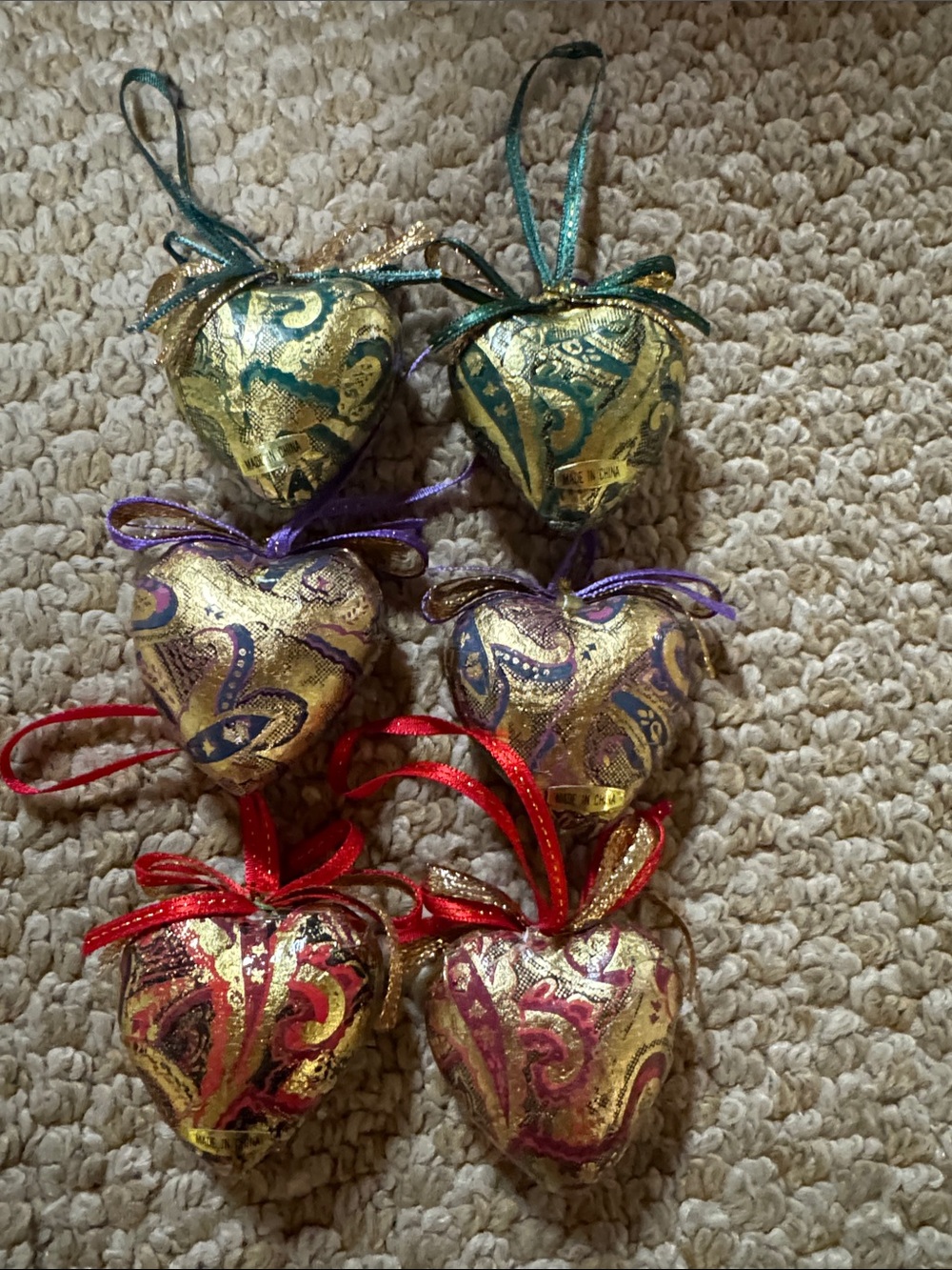 Gold Heart Hanging Ornaments with Colored Ribbon Accents